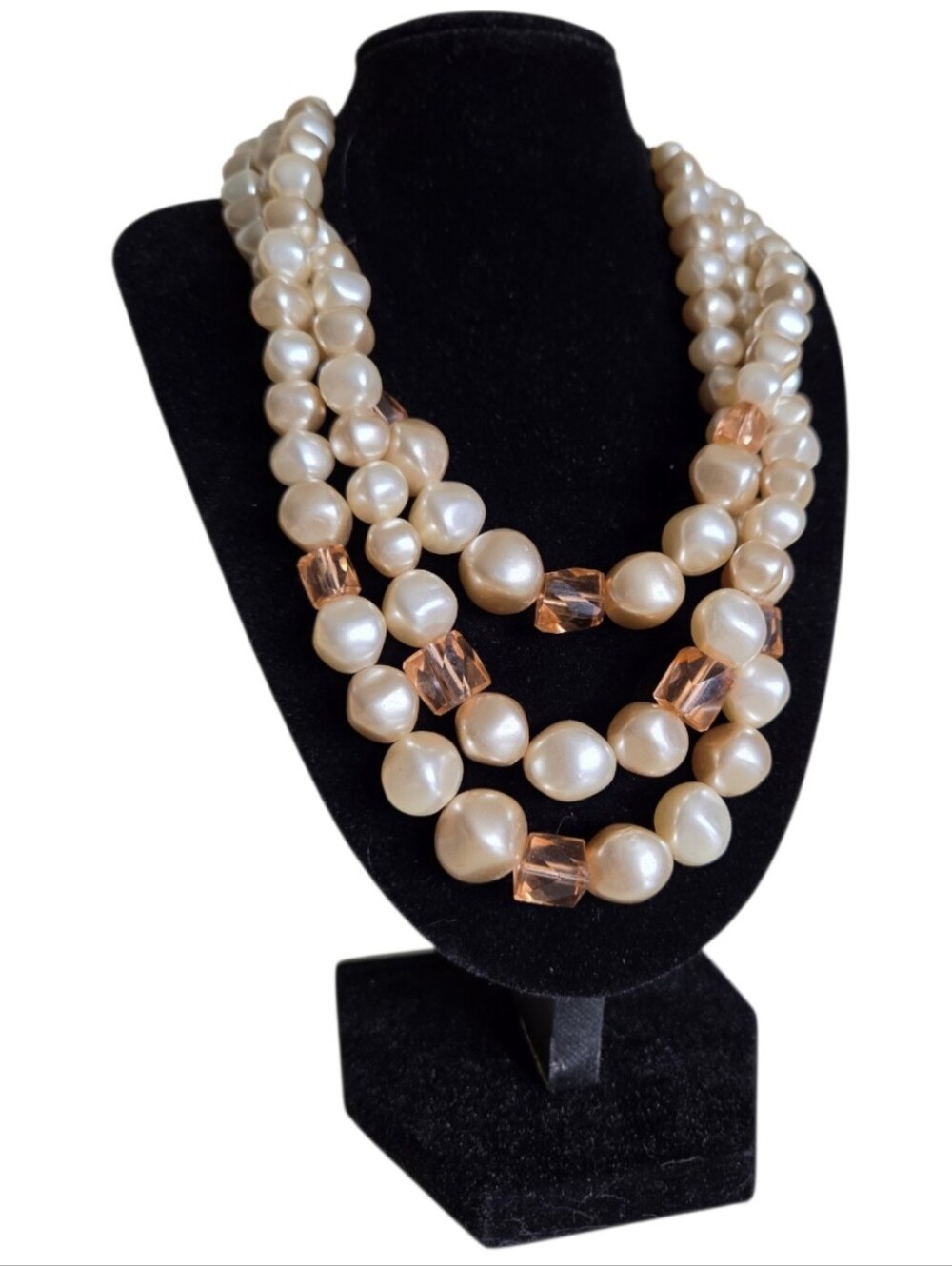 vintage japan 3 strand faux pearl bead necklace champagne peach crystal